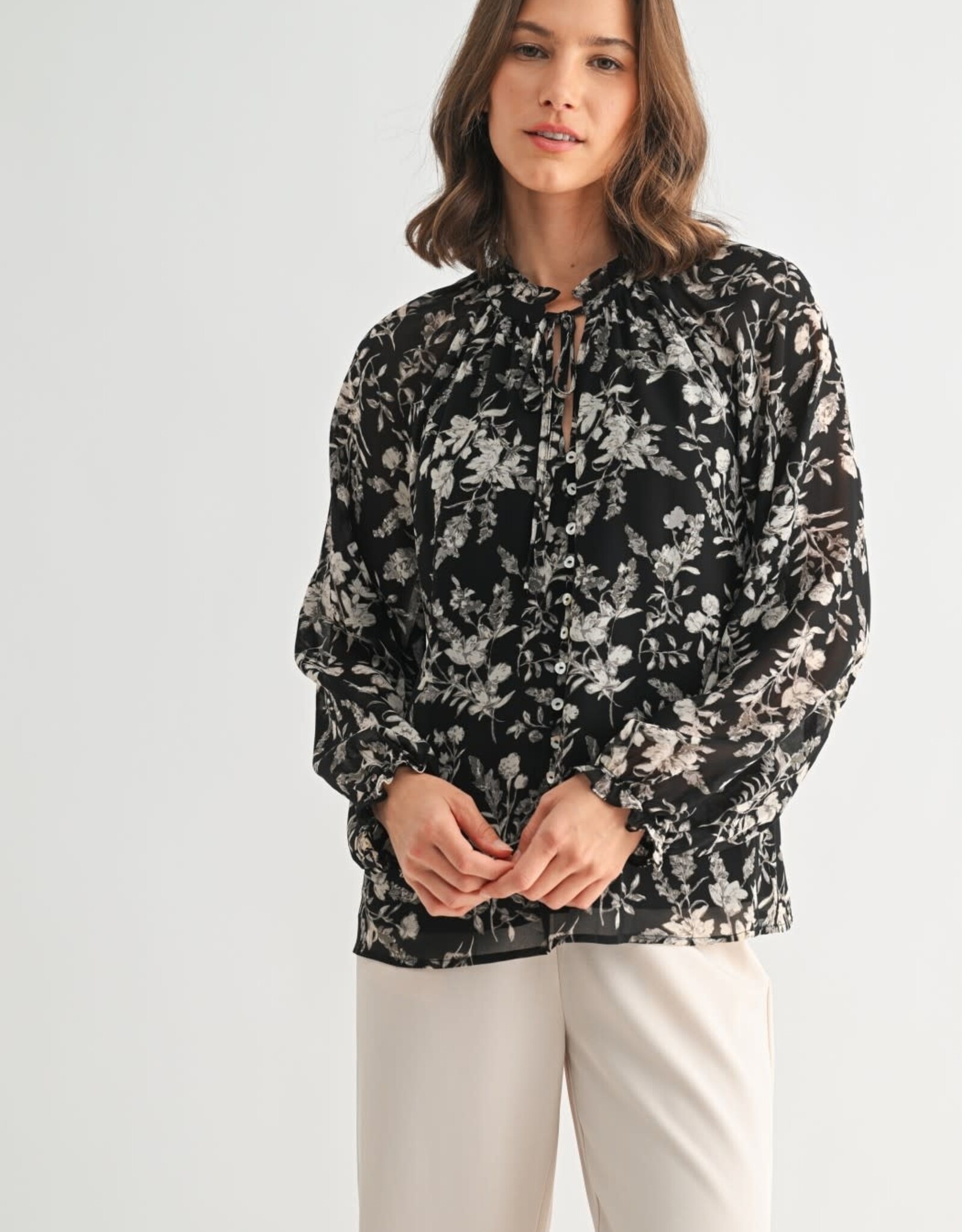 Miss Bliss F2F Flower Print Tie Detail Blouse- Black