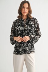 Miss Bliss F2F Flower Print Tie Detail Blouse- Black