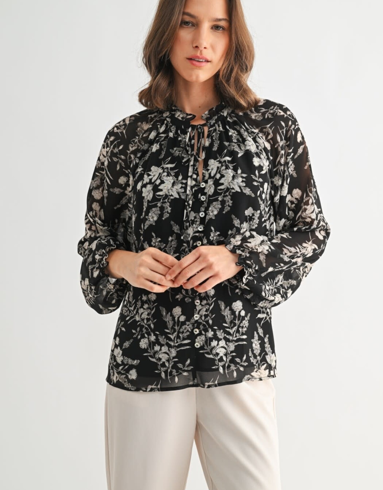 Miss Bliss F2F Flower Print Tie Detail Blouse- Black