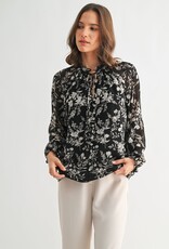 Miss Bliss F2F Flower Print Tie Detail Blouse- Black