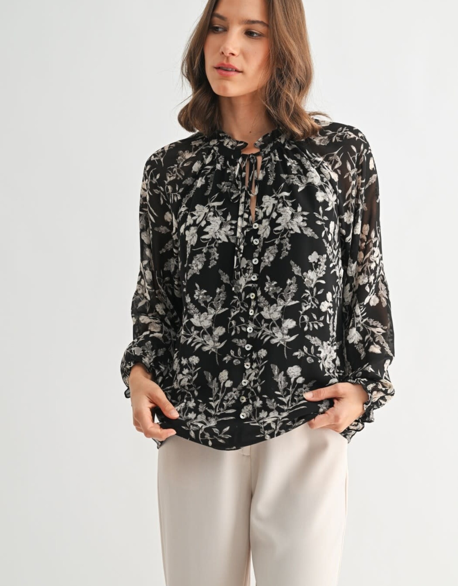 Miss Bliss F2F Flower Print Tie Detail Blouse- Black