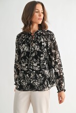 Miss Bliss F2F Flower Print Tie Detail Blouse- Black