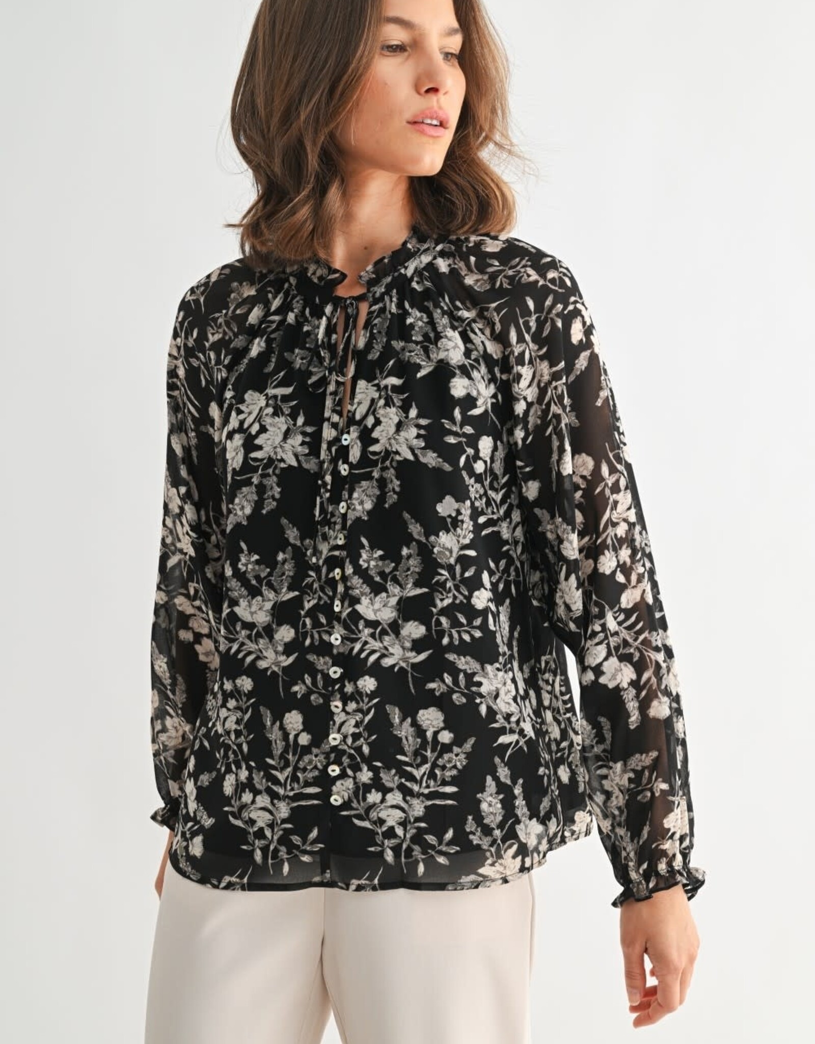 Miss Bliss F2F Flower Print Tie Detail Blouse- Black