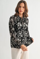 Miss Bliss F2F Flower Print Tie Detail Blouse- Black