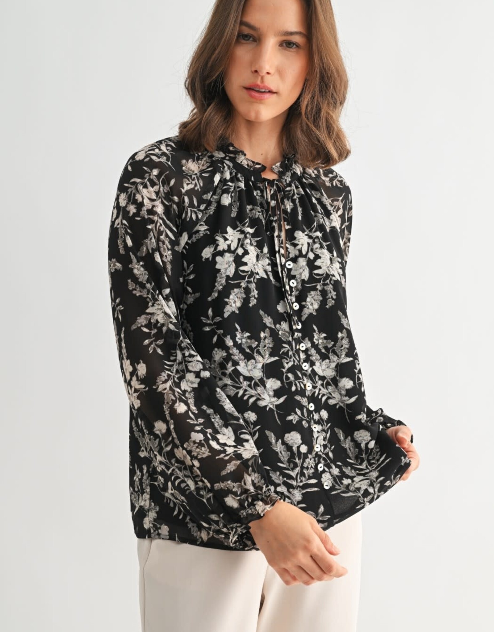 Miss Bliss F2F Flower Print Tie Detail Blouse- Black