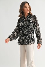 Miss Bliss F2F Flower Print Tie Detail Blouse- Black
