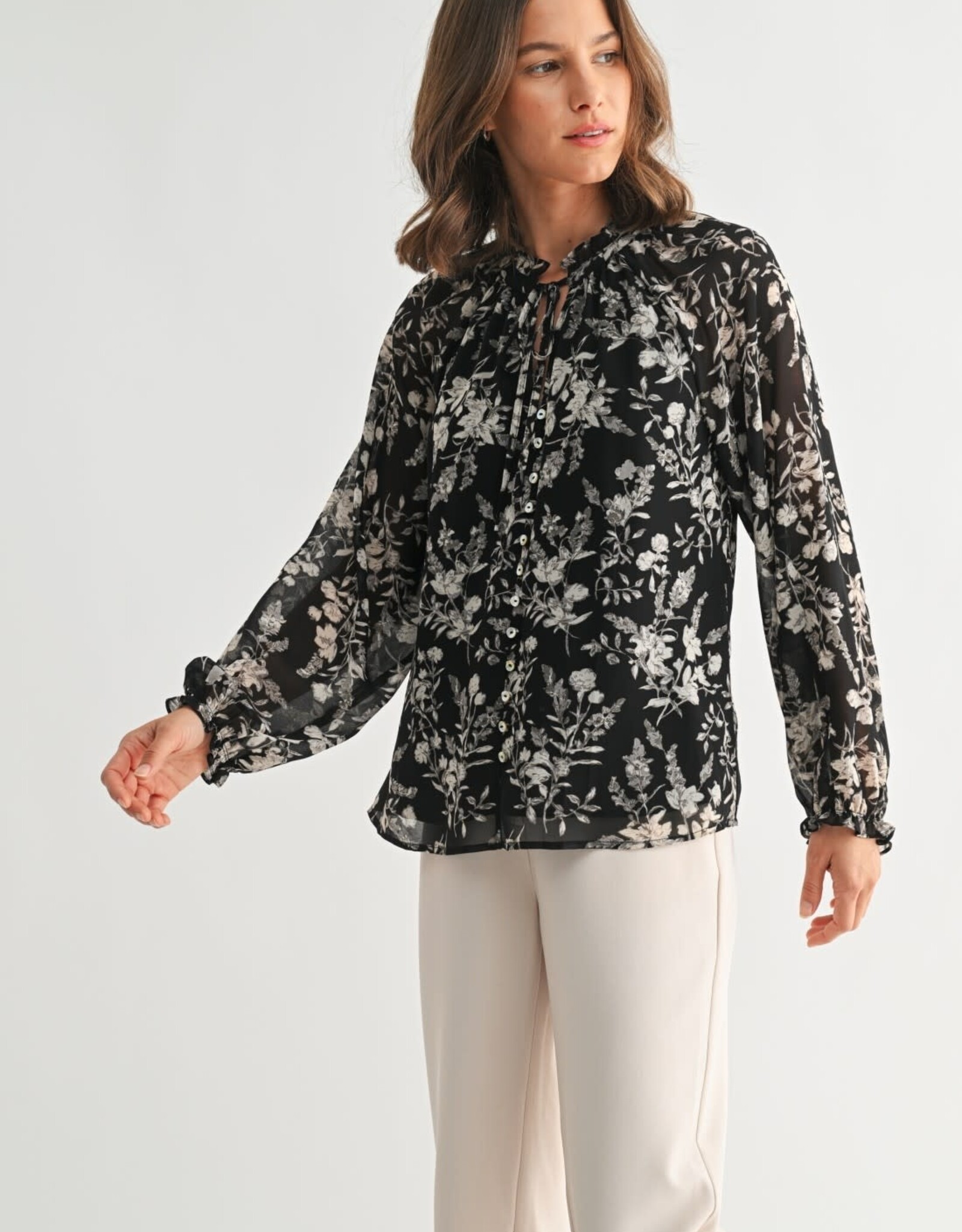 Miss Bliss F2F Flower Print Tie Detail Blouse- Black