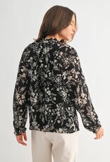Miss Bliss F2F Flower Print Tie Detail Blouse- Black