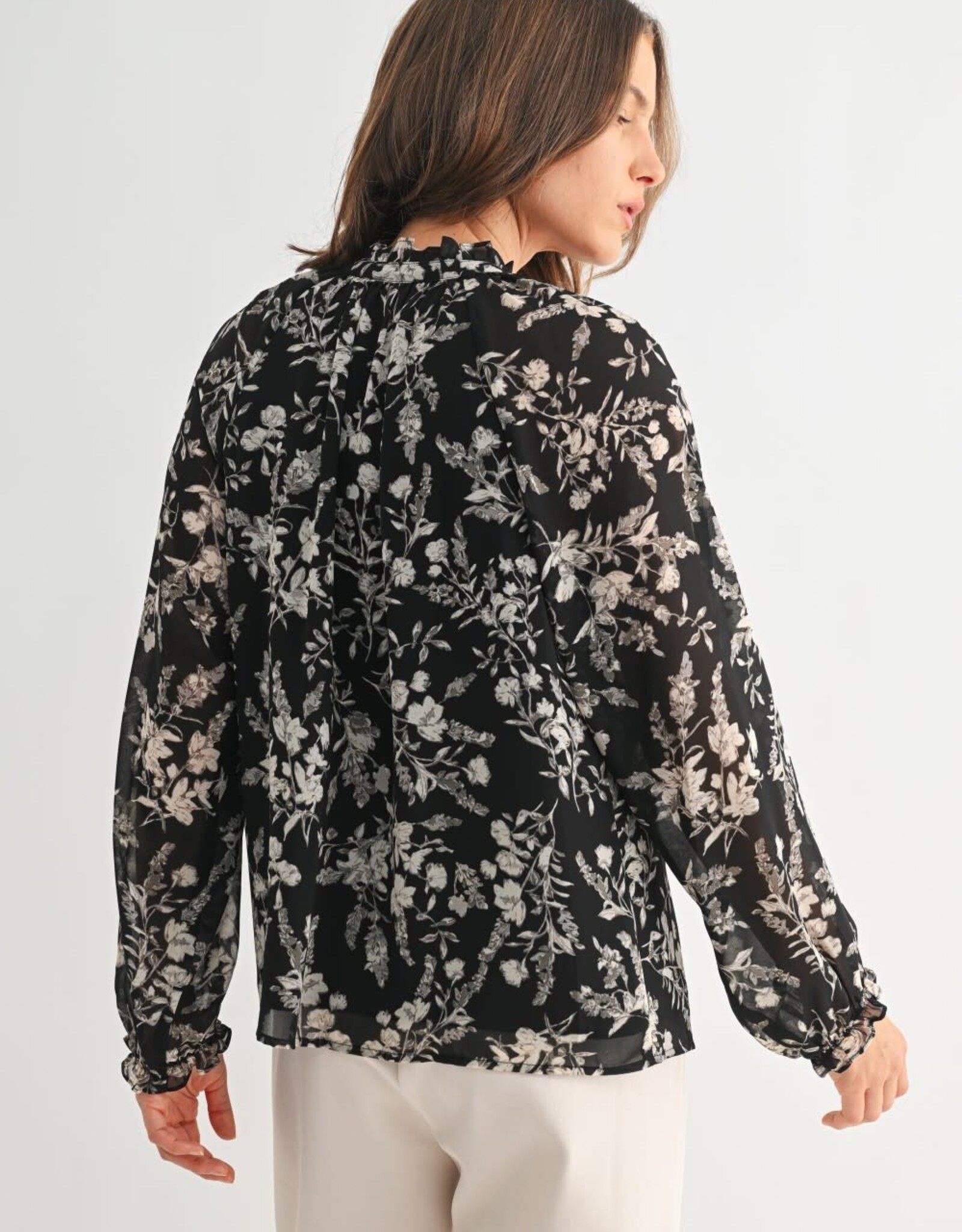 Miss Bliss F2F Flower Print Tie Detail Blouse- Black