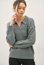 Miss Bliss BC Collared Henley Button Up Basic Sweater-Dusty Teal