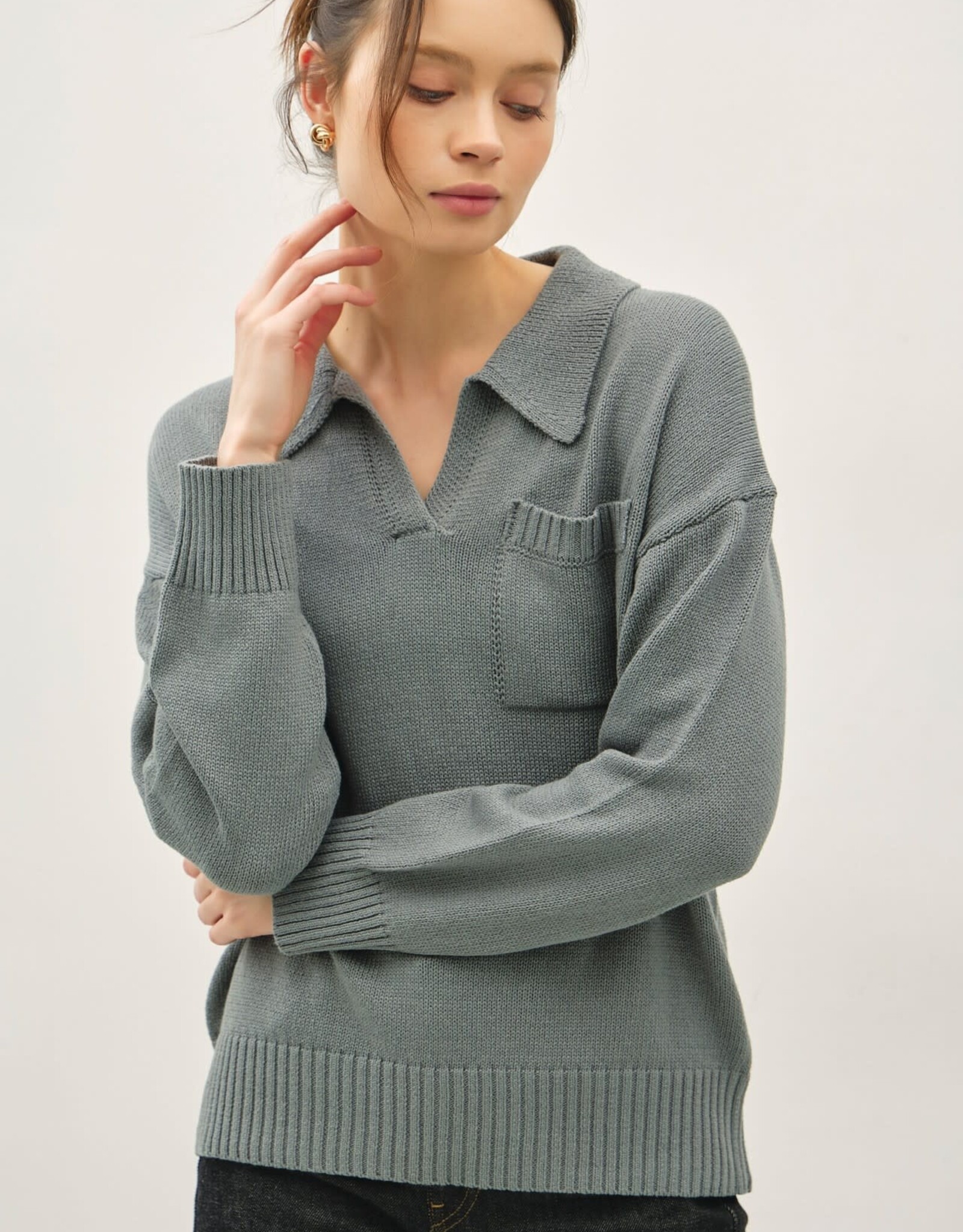 Miss Bliss BC Collared Henley Button Up Basic Sweater-Dusty Teal