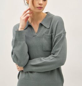Miss Bliss Collared Henley Button Up Basic Sweater-Dusty Teal