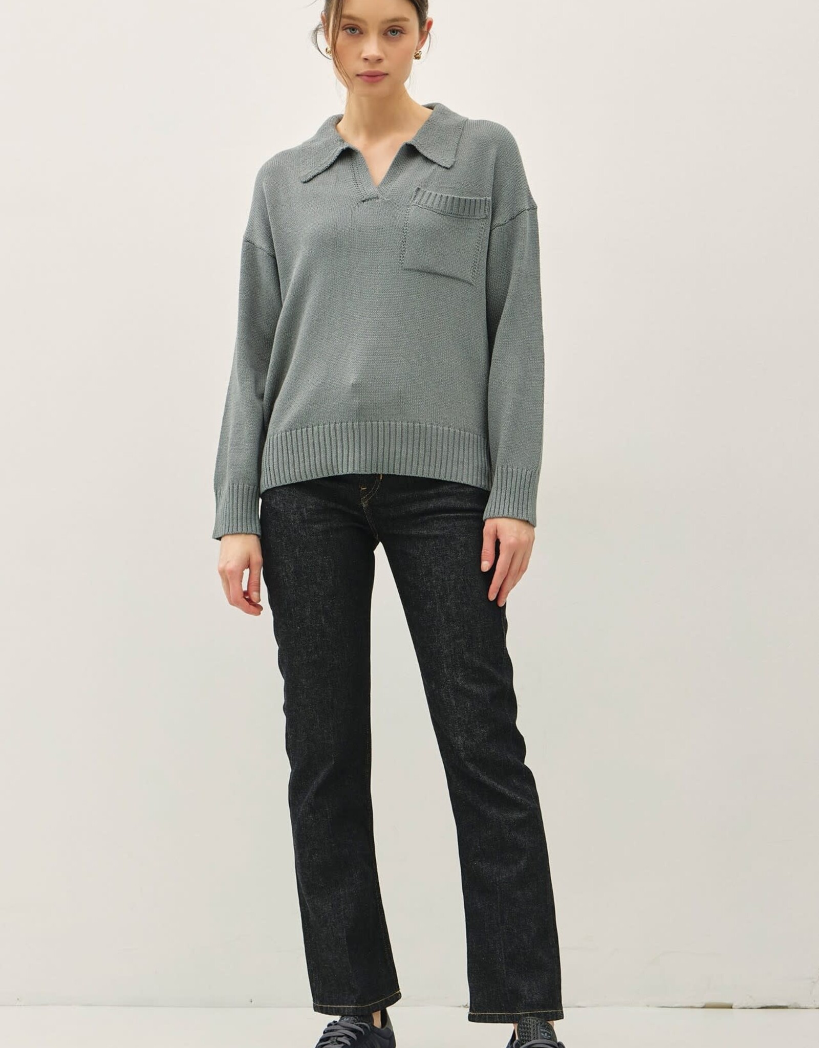 Miss Bliss BC Collared Henley Button Up Basic Sweater-Dusty Teal