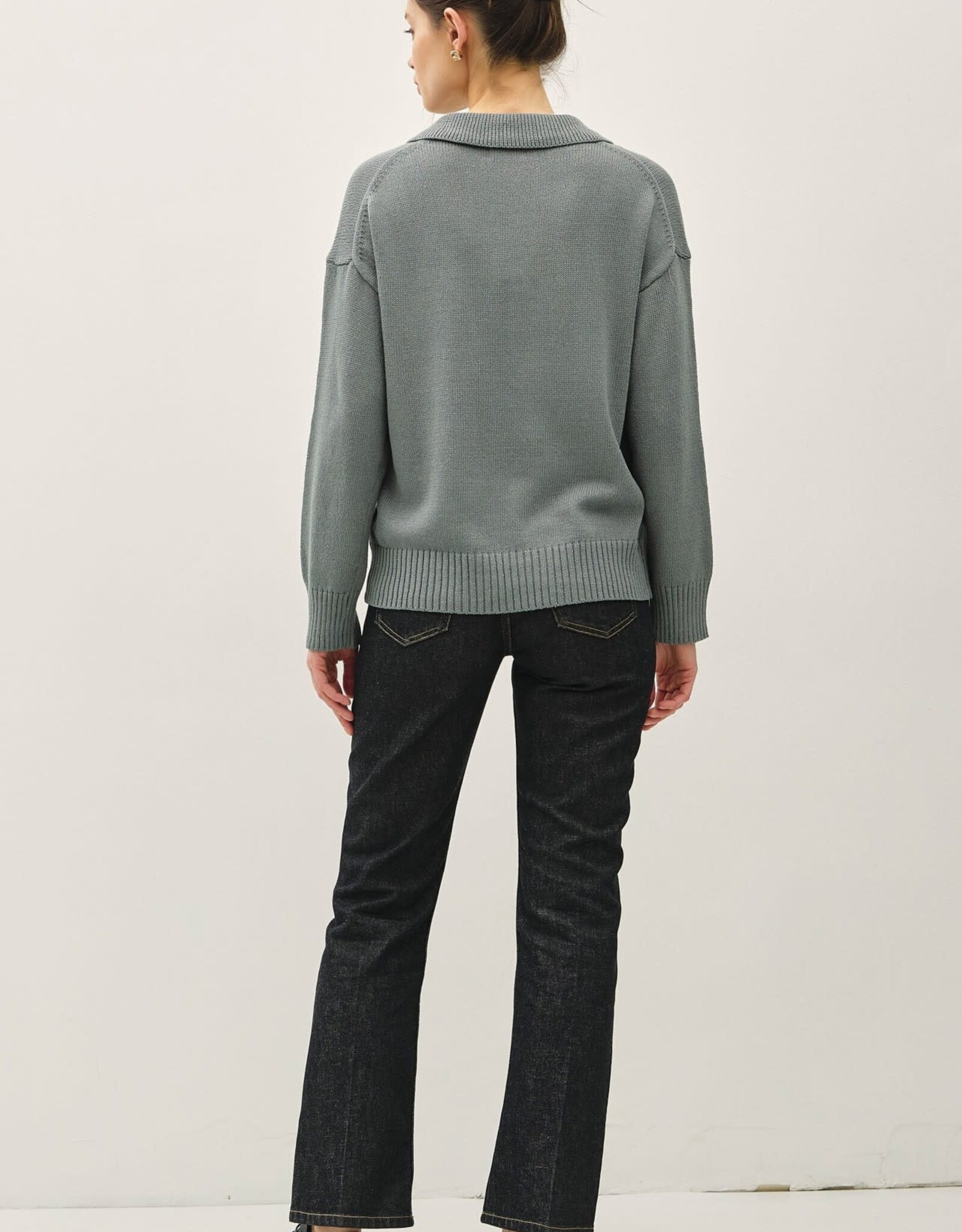 Miss Bliss BC Collared Henley Button Up Basic Sweater-Dusty Teal