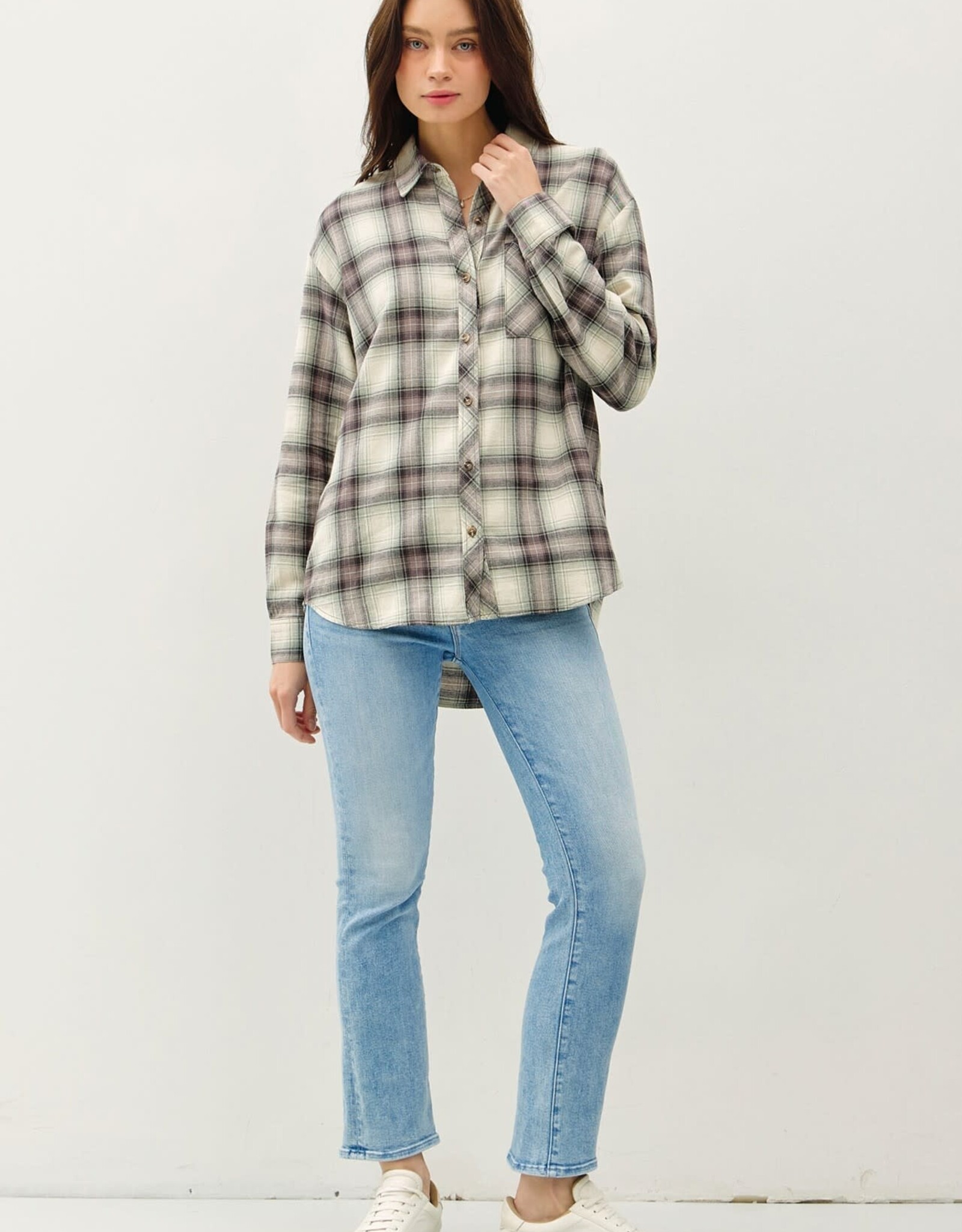 Miss Bliss BC Oversized Cotton Flannel Shirt-Jade