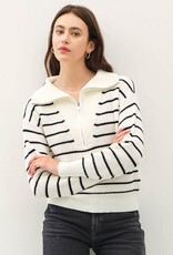 Miss Bliss BC Spread Collar Half Zip Striped Sweater-Ivory/Black