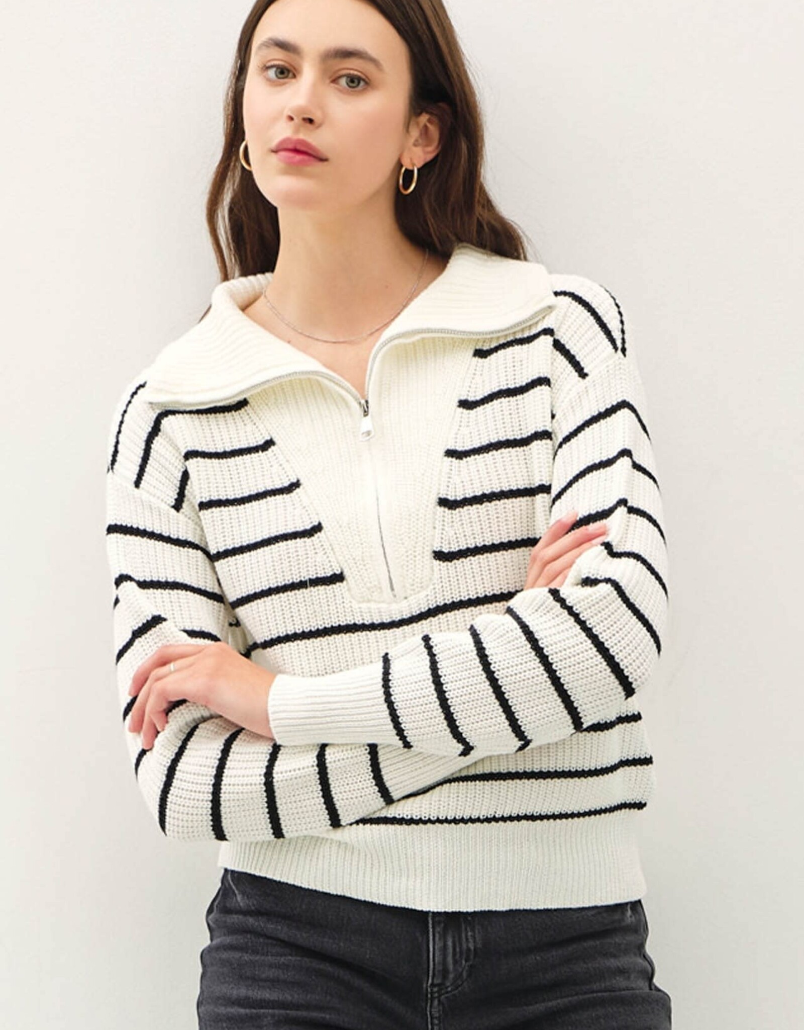 Miss Bliss BC Spread Collar Half Zip Striped Sweater-Ivory/Black