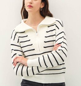 Miss Bliss Ivory&Black Spread Collar Half Zip Striped Sweater