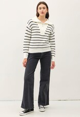 Miss Bliss BC Spread Collar Half Zip Striped Sweater-Ivory/Black
