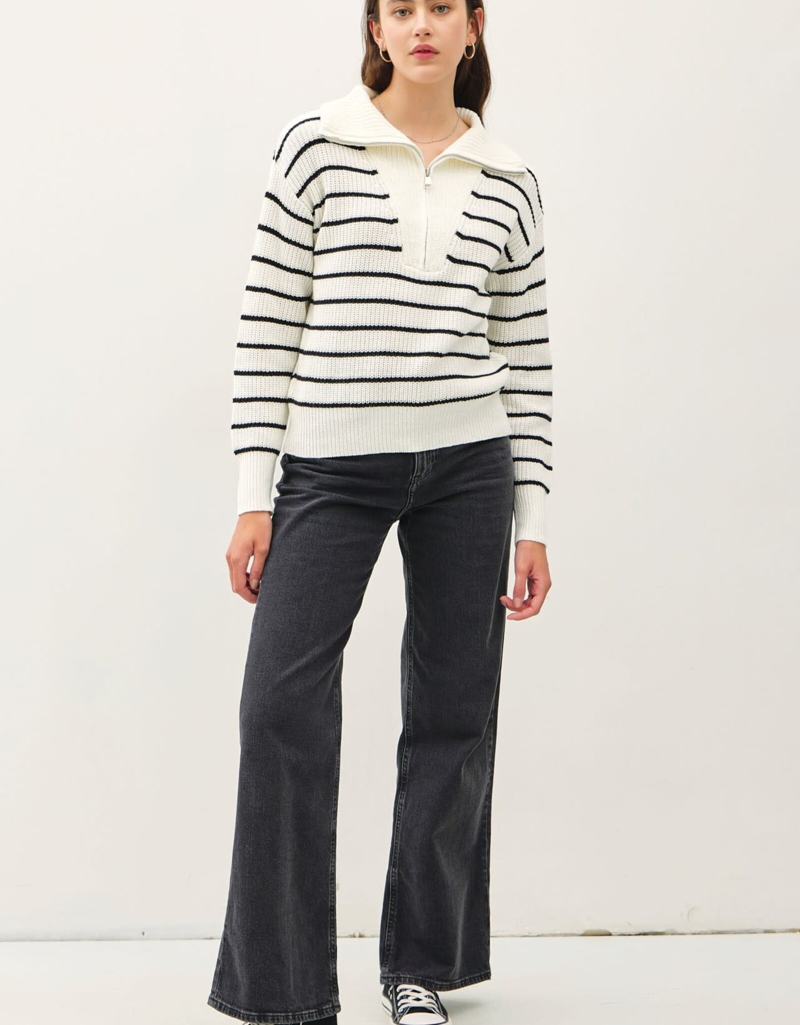 Miss Bliss BC Spread Collar Half Zip Striped Sweater-Ivory/Black