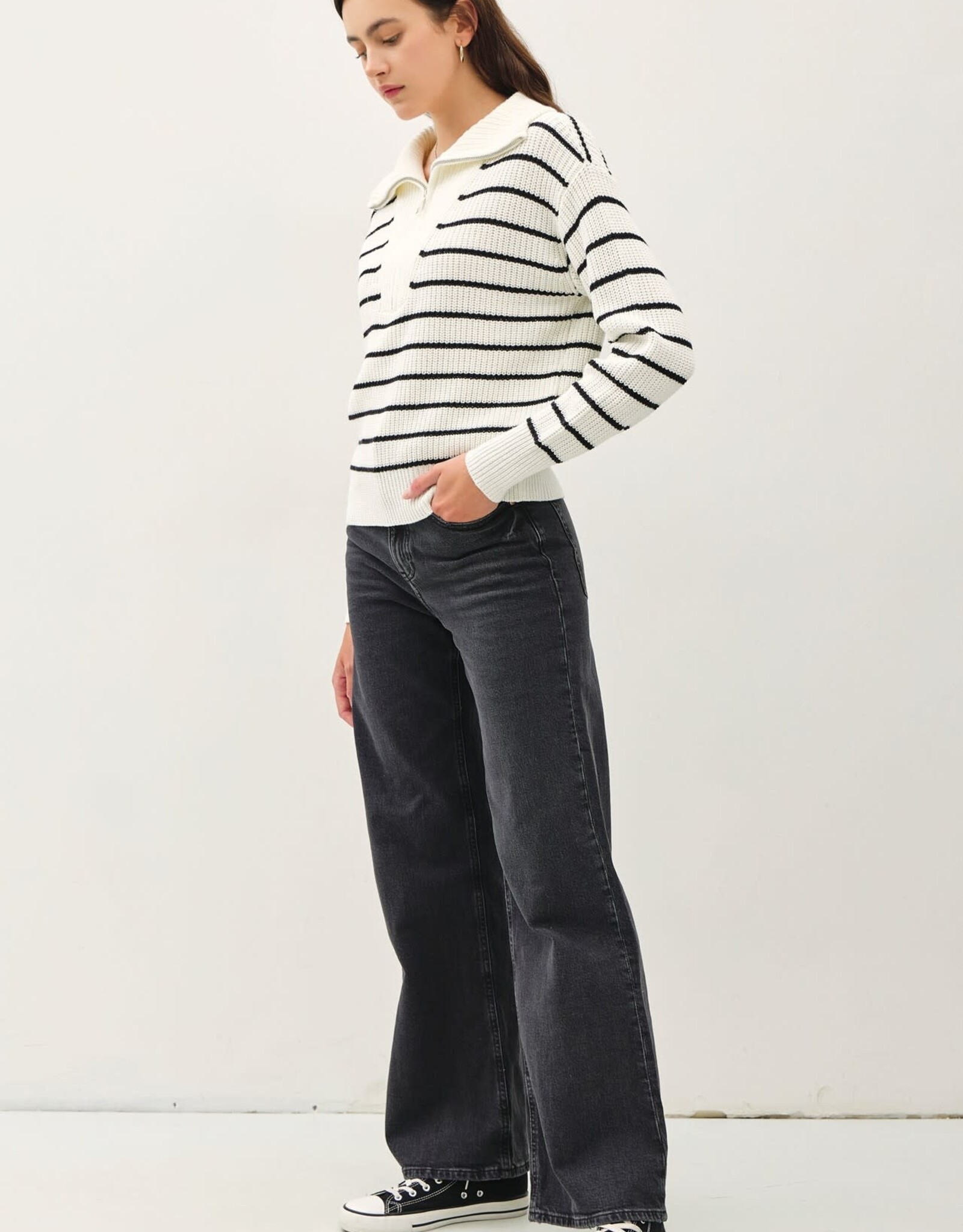 Miss Bliss BC Spread Collar Half Zip Striped Sweater-Ivory/Black