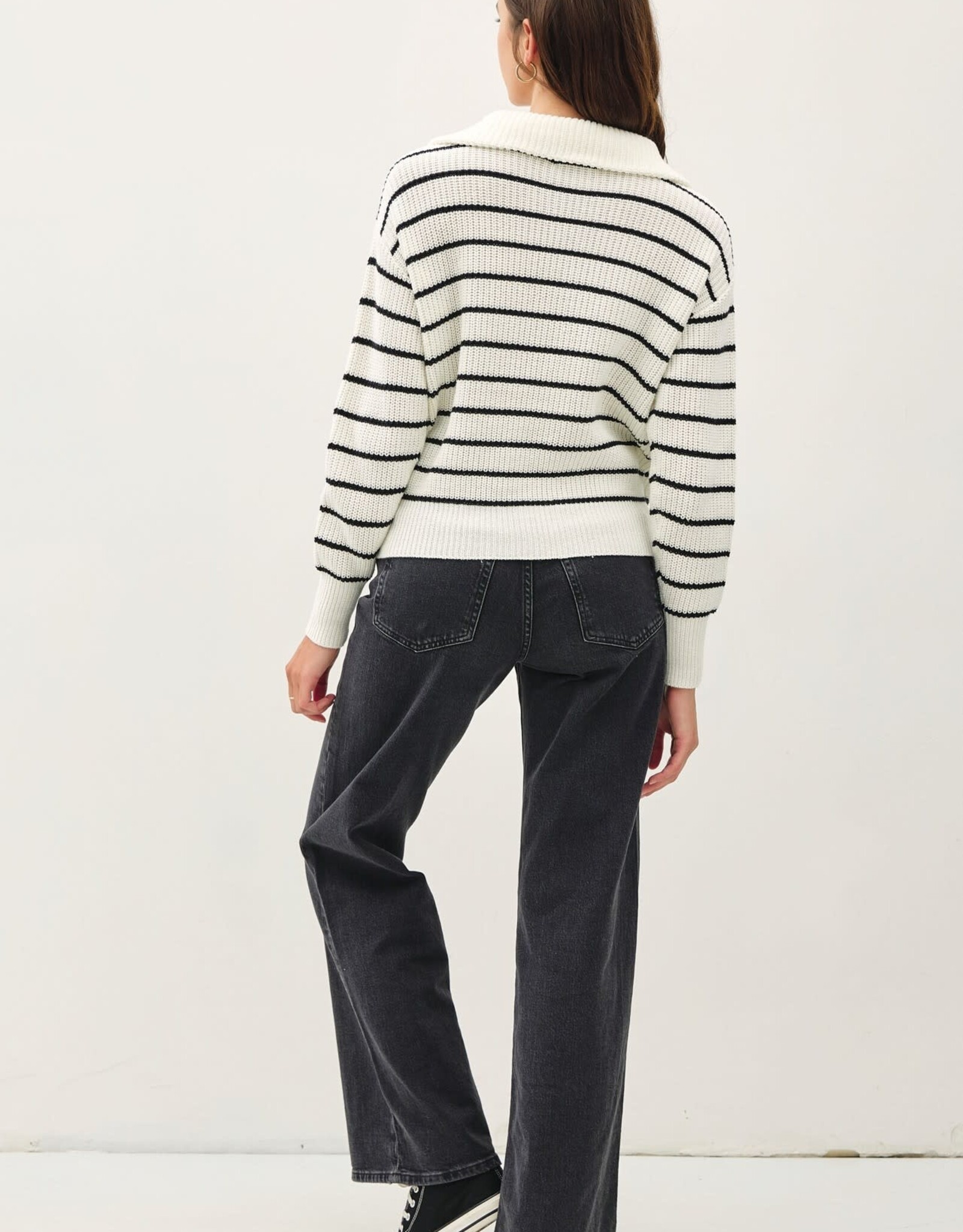 Miss Bliss BC Spread Collar Half Zip Striped Sweater-Ivory/Black