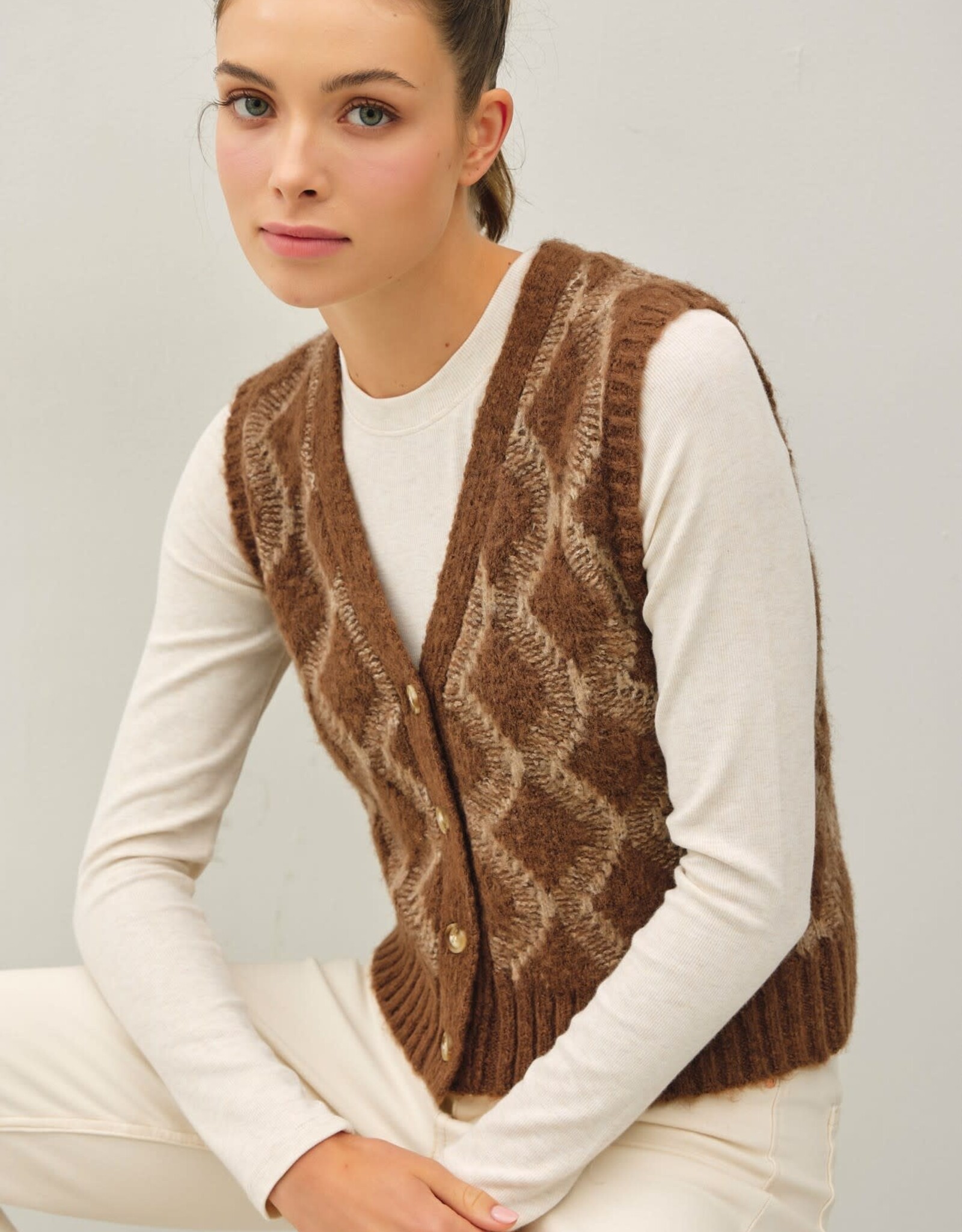 Miss Bliss Argyle Pattern Varsity Style Sweater Vest-Brown