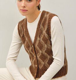 Miss Bliss Argyle Pattern Varsity Style Sweater Vest-Brown