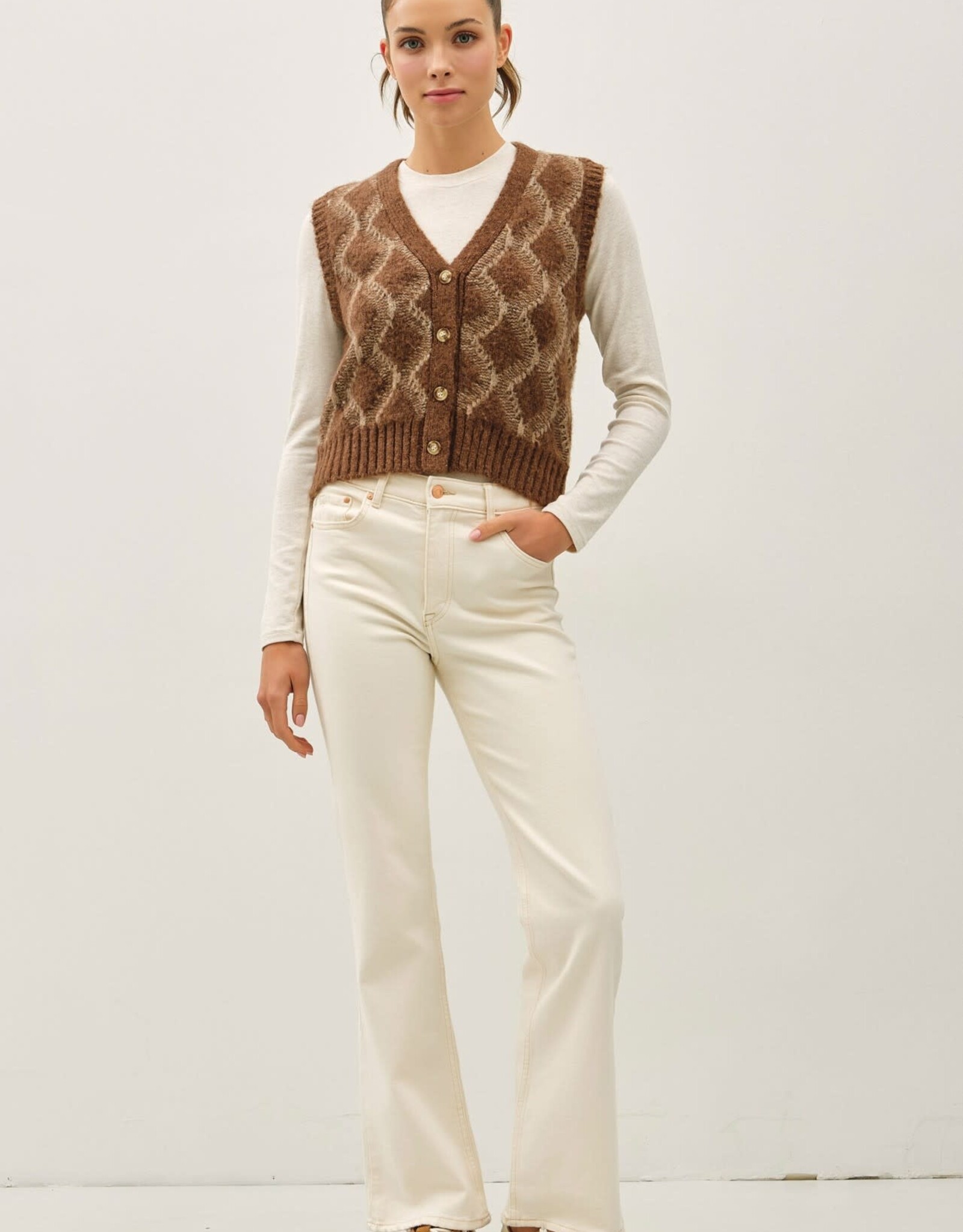 Miss Bliss Argyle Pattern Varsity Style Sweater Vest-Brown