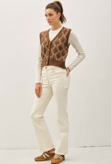 Miss Bliss Argyle Pattern Varsity Style Sweater Vest-Brown