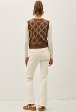 Miss Bliss Argyle Pattern Varsity Style Sweater Vest-Brown
