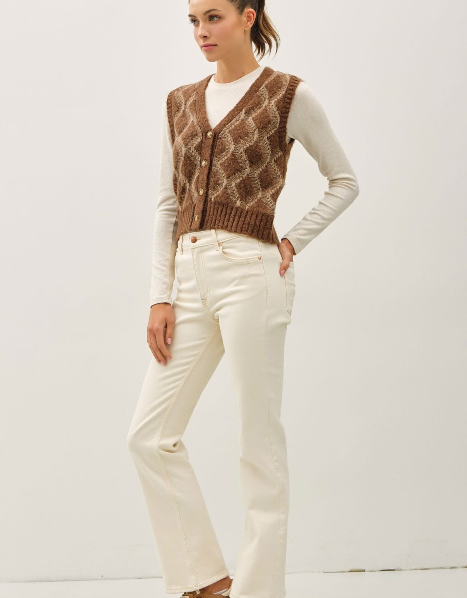 Miss Bliss Argyle Pattern Varsity Style Sweater Vest-Brown