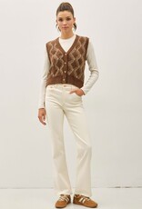 Miss Bliss Argyle Pattern Varsity Style Sweater Vest-Brown