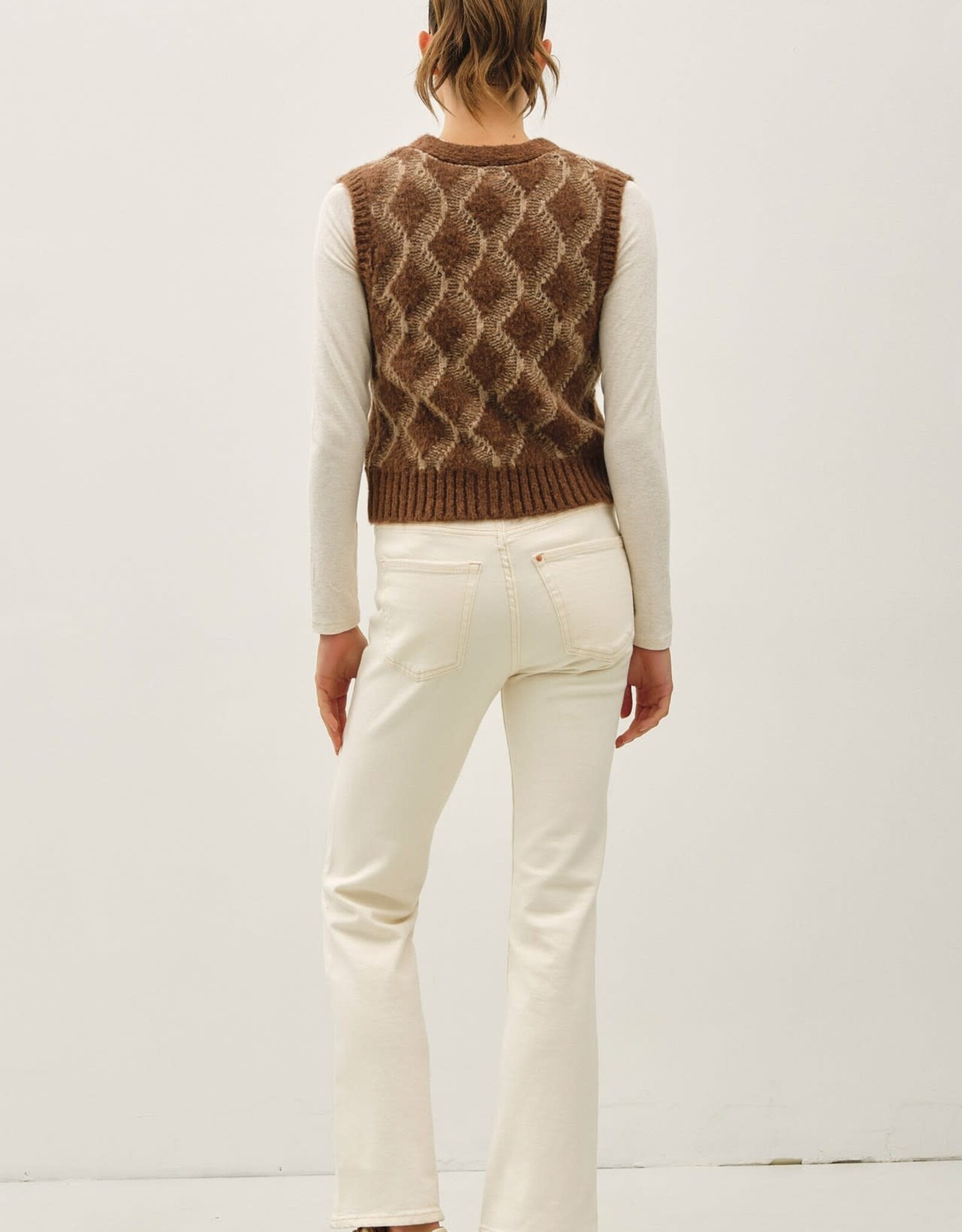 Miss Bliss Argyle Pattern Varsity Style Sweater Vest-Brown