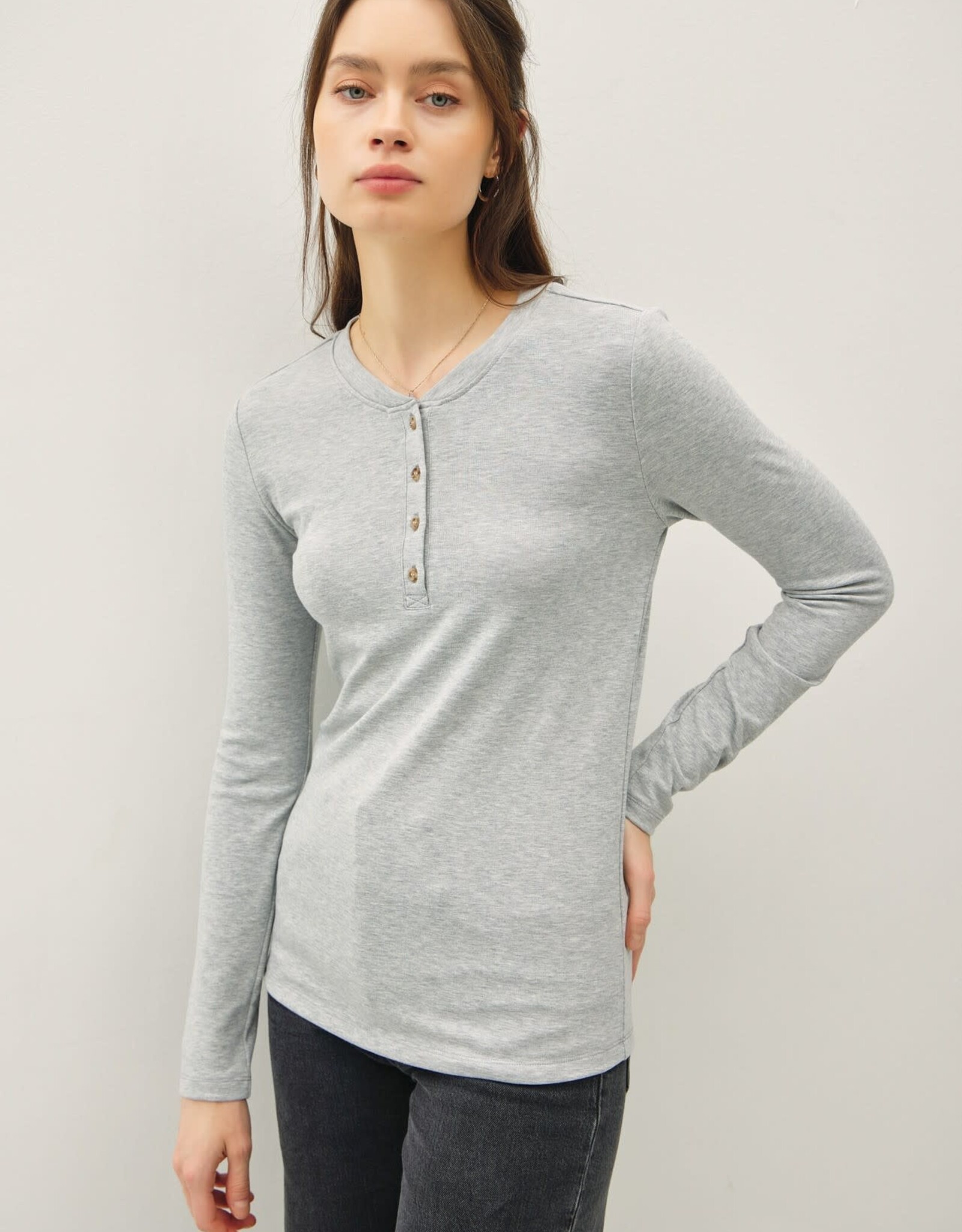 Miss Bliss Ultra Soft Basic Longleeve Henley Top-H Grey