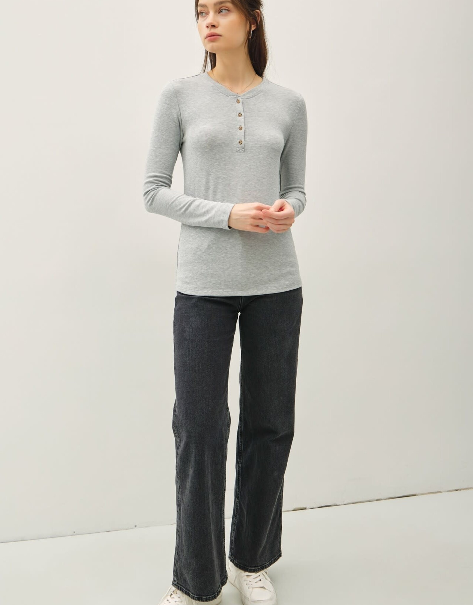 Miss Bliss Ultra Soft Basic Longleeve Henley Top-H Grey