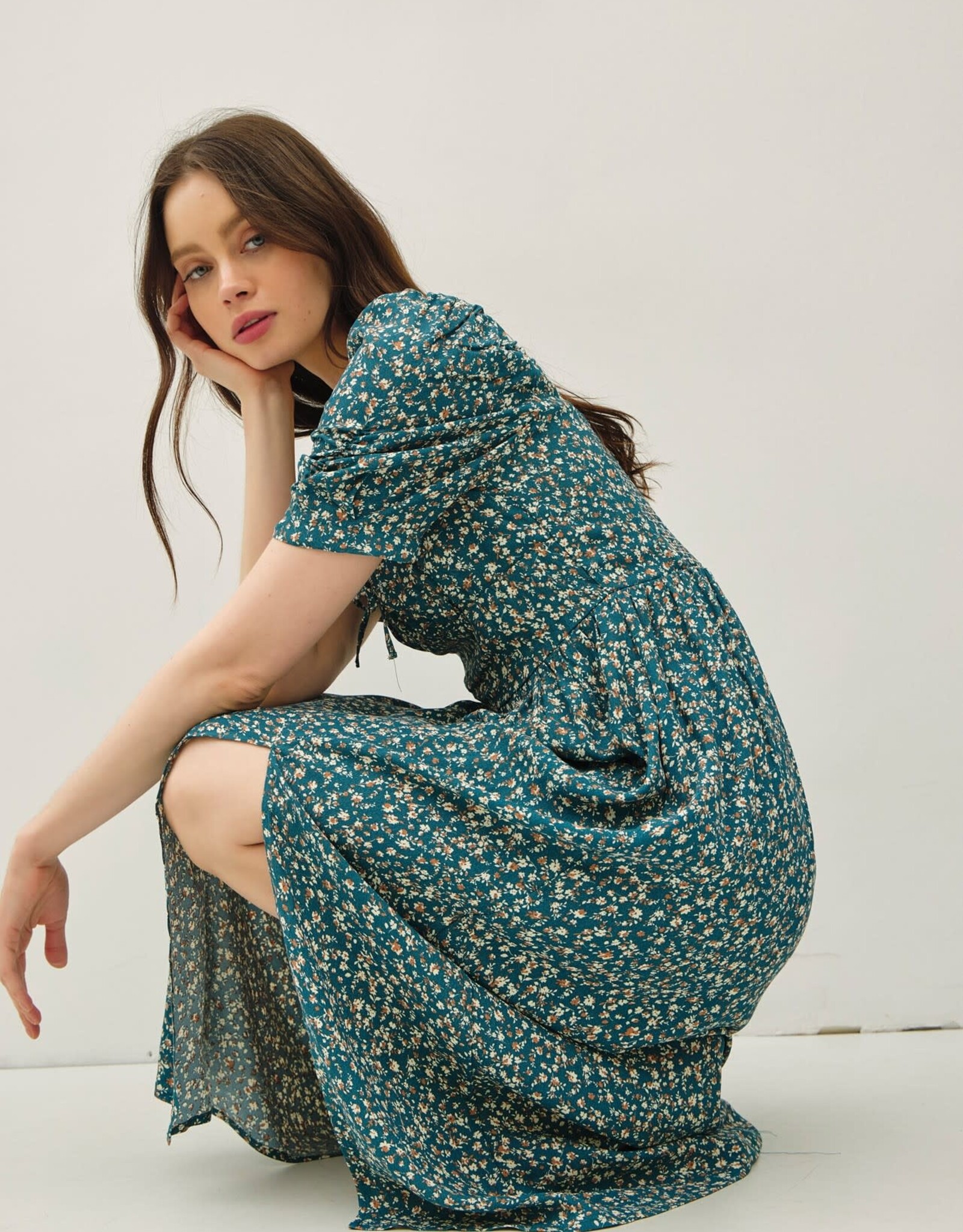 Miss Bliss BC Ruched Bust Dress With Volume Slv-Teal