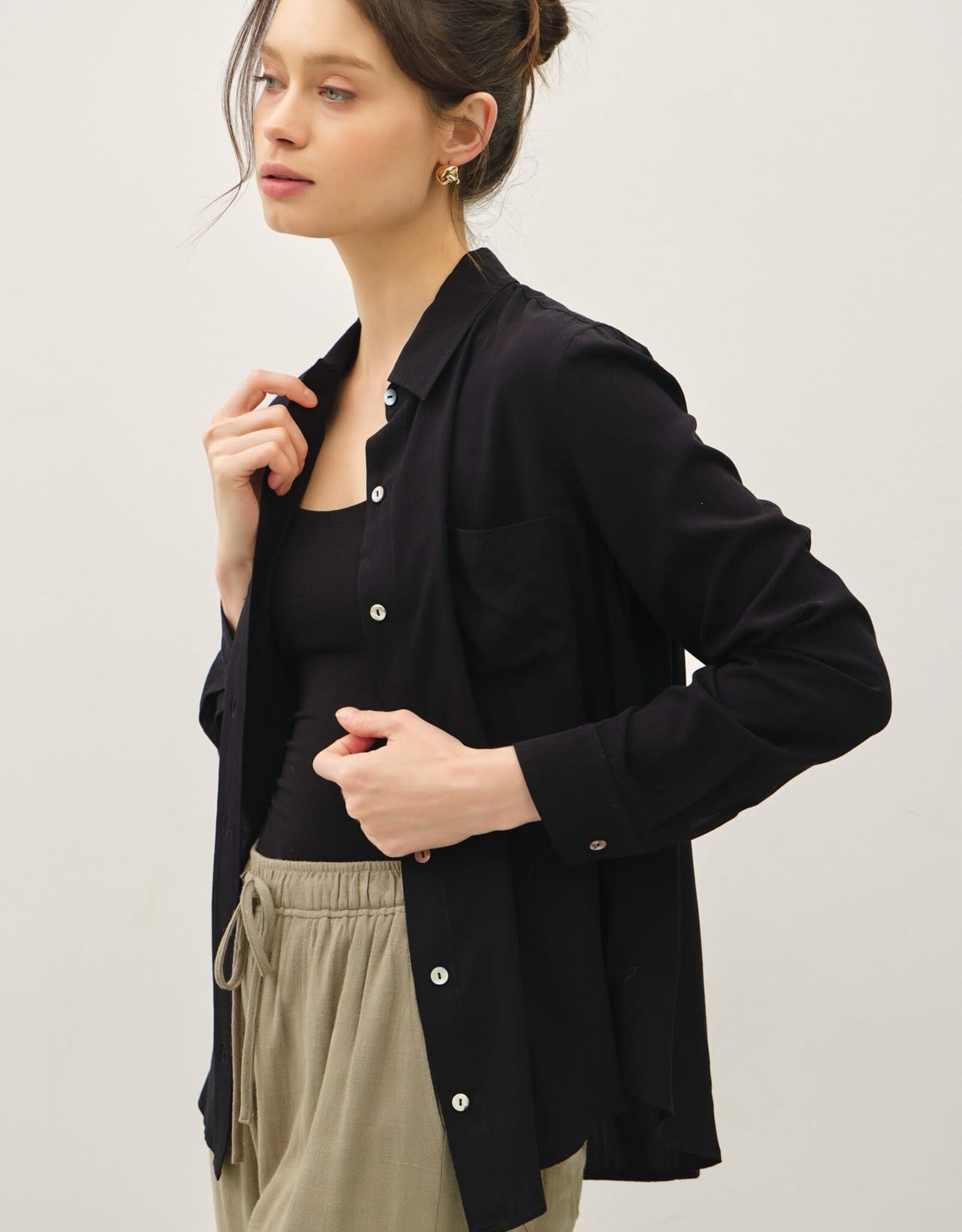 Miss Bliss BC Classic Cut Button Up Long Sleeve Top-Black