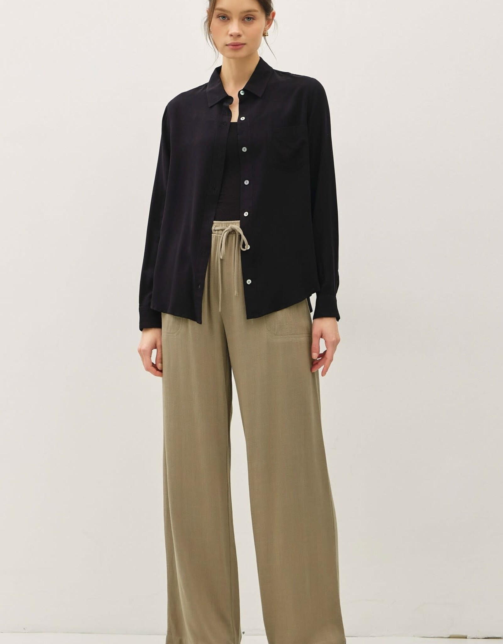 Miss Bliss BC Classic Cut Button Up Long Sleeve Top-Black