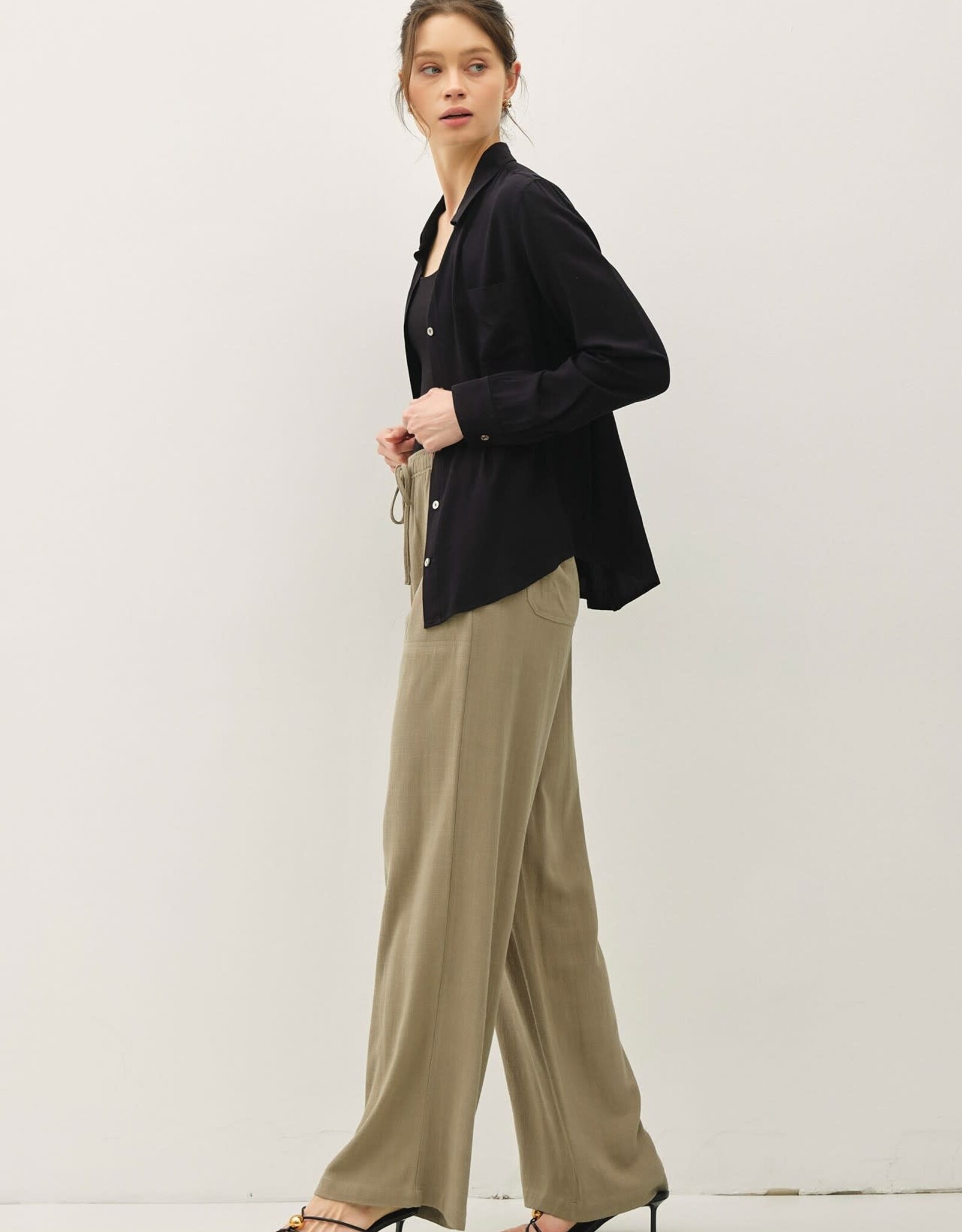 Miss Bliss BC Classic Cut Button Up Long Sleeve Top-Black