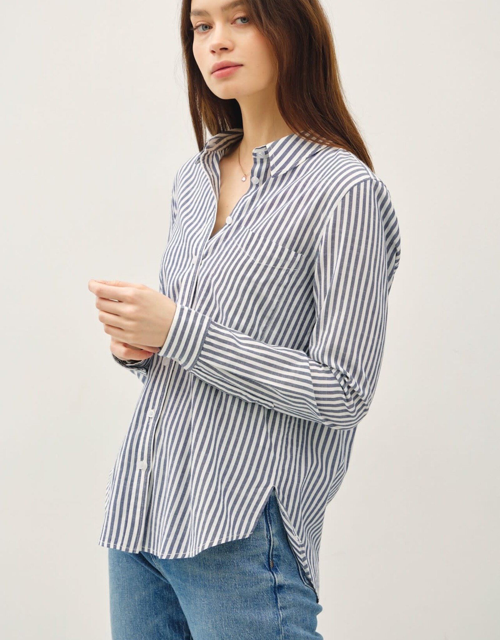 Miss Bliss BC Striped Long Sleeve Collared Button Up-Denim