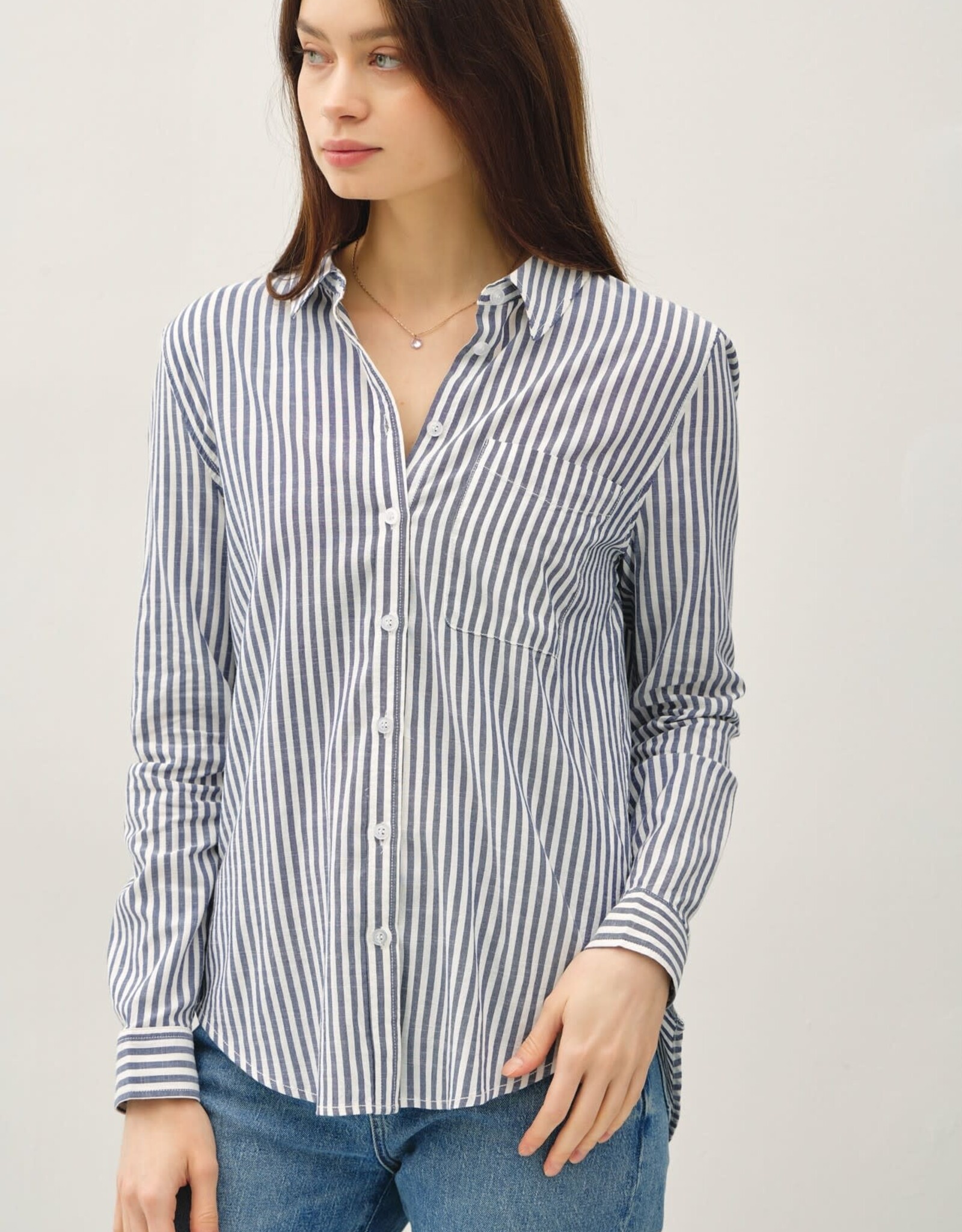 Miss Bliss BC Striped Long Sleeve Collared Button Up-Denim
