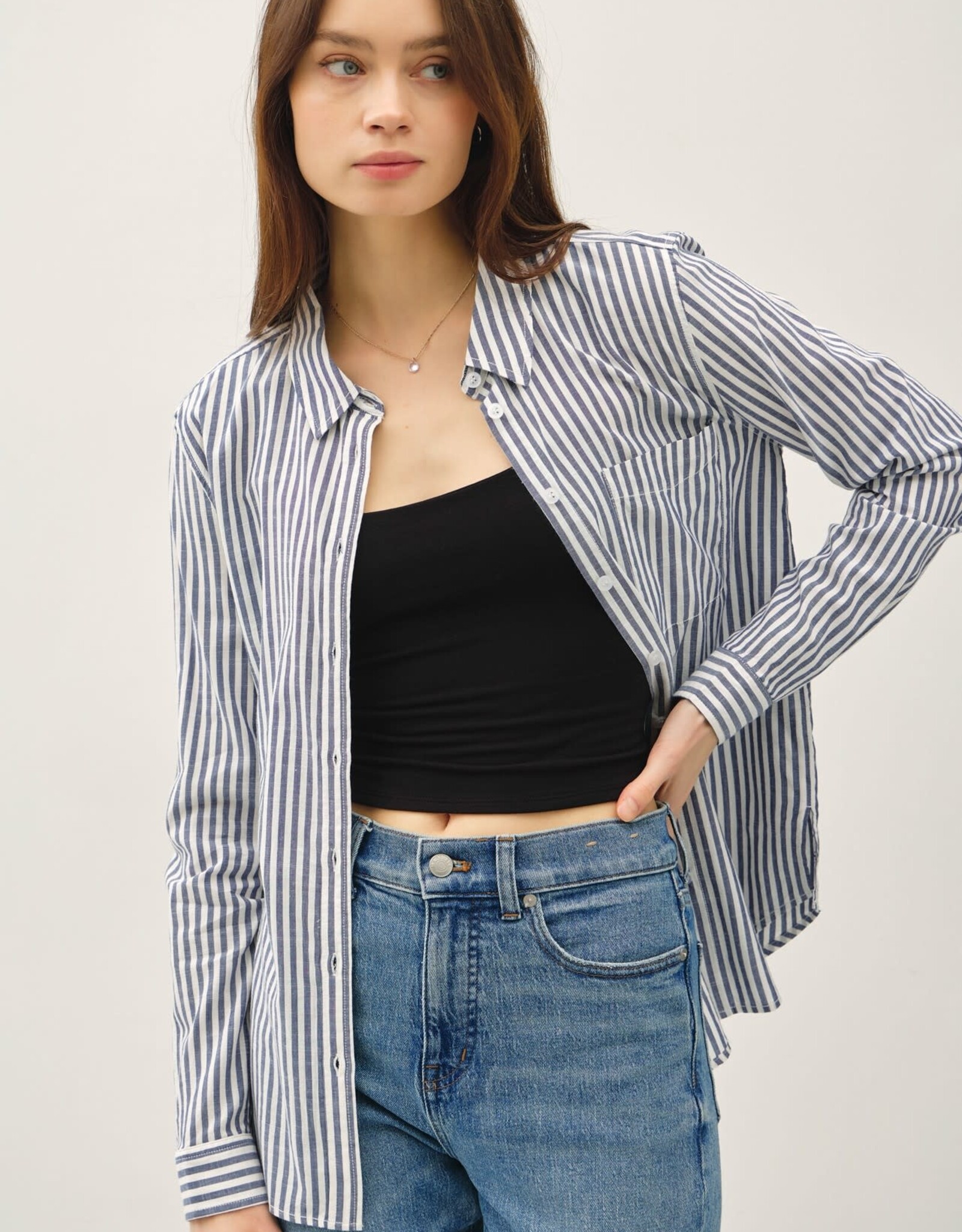 Miss Bliss BC Striped Long Sleeve Collared Button Up-Denim