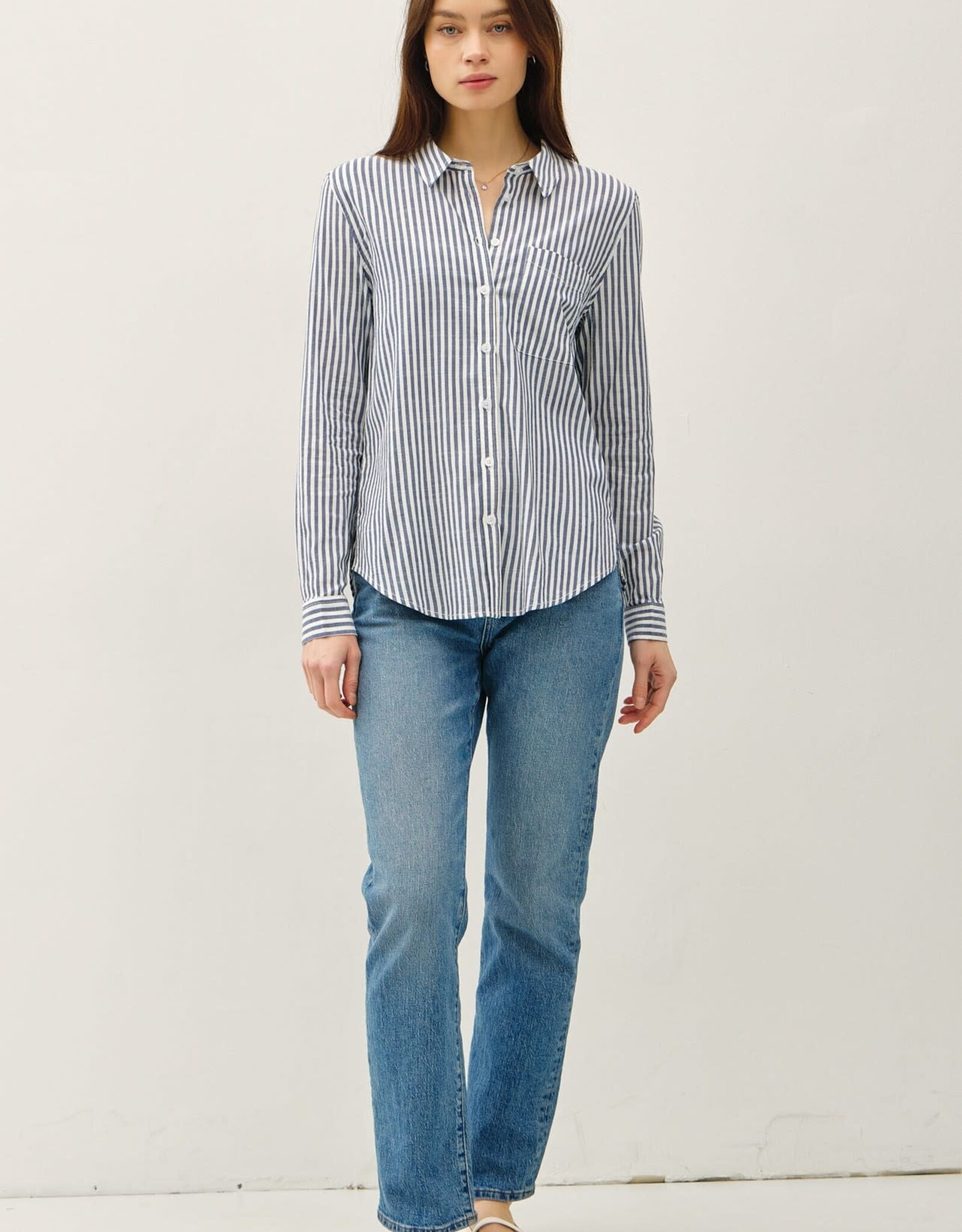 Miss Bliss BC Striped Long Sleeve Collared Button Up-Denim