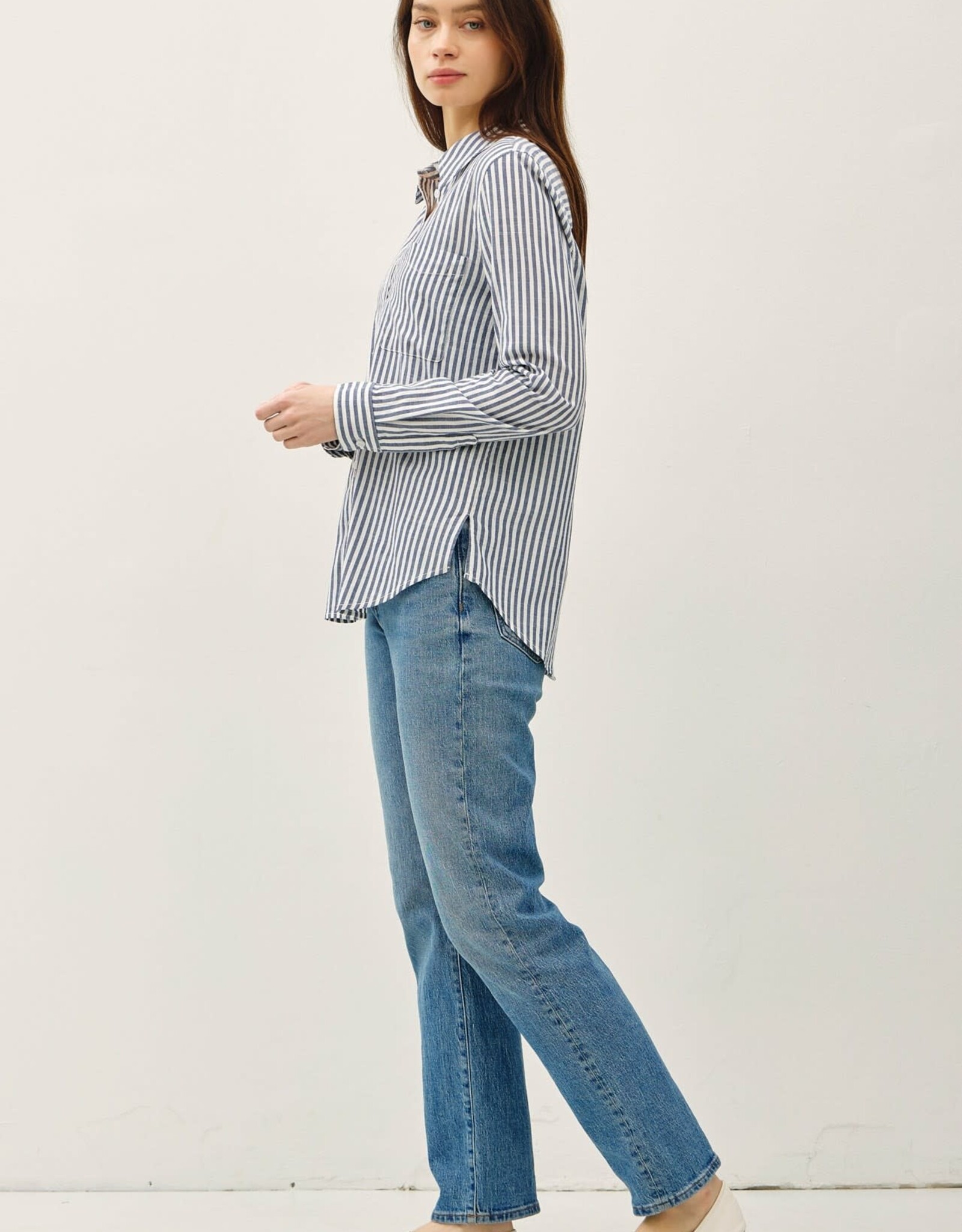 Miss Bliss BC Striped Long Sleeve Collared Button Up-Denim