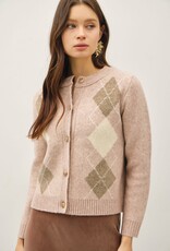 Miss Bliss BC Argyle Jacquard Round Neck Cardigan-Blush