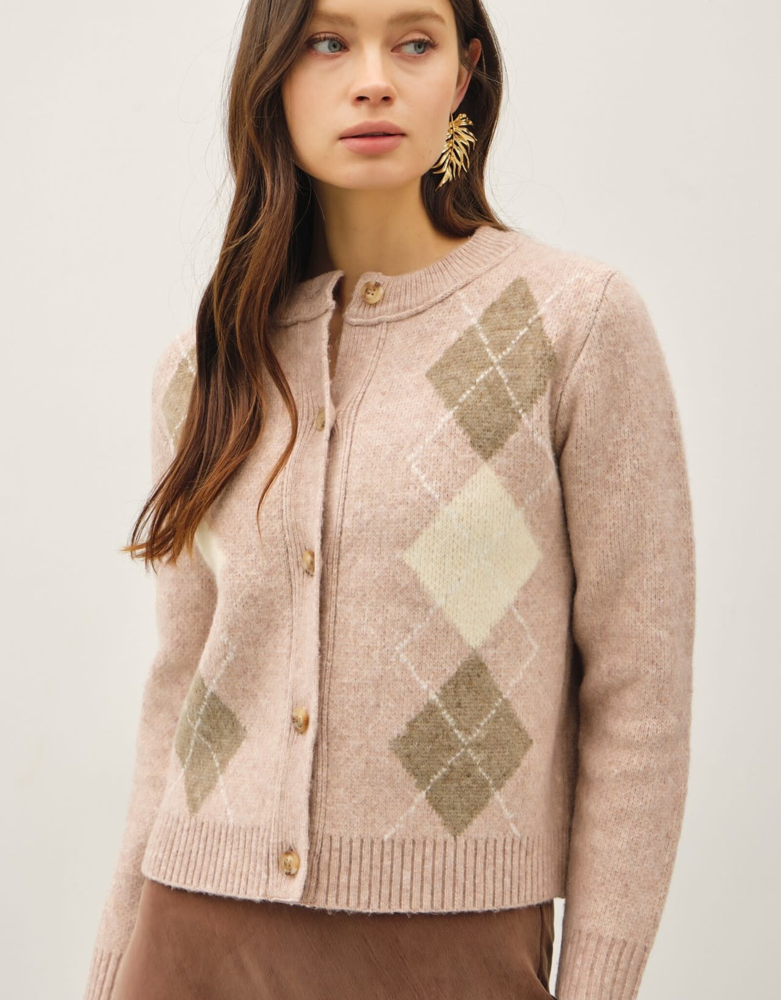 Miss Bliss BC Argyle Jacquard Round Neck Cardigan-Blush