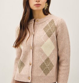 Miss Bliss Argyle Jacquard Round Neck Cardigan-Blush