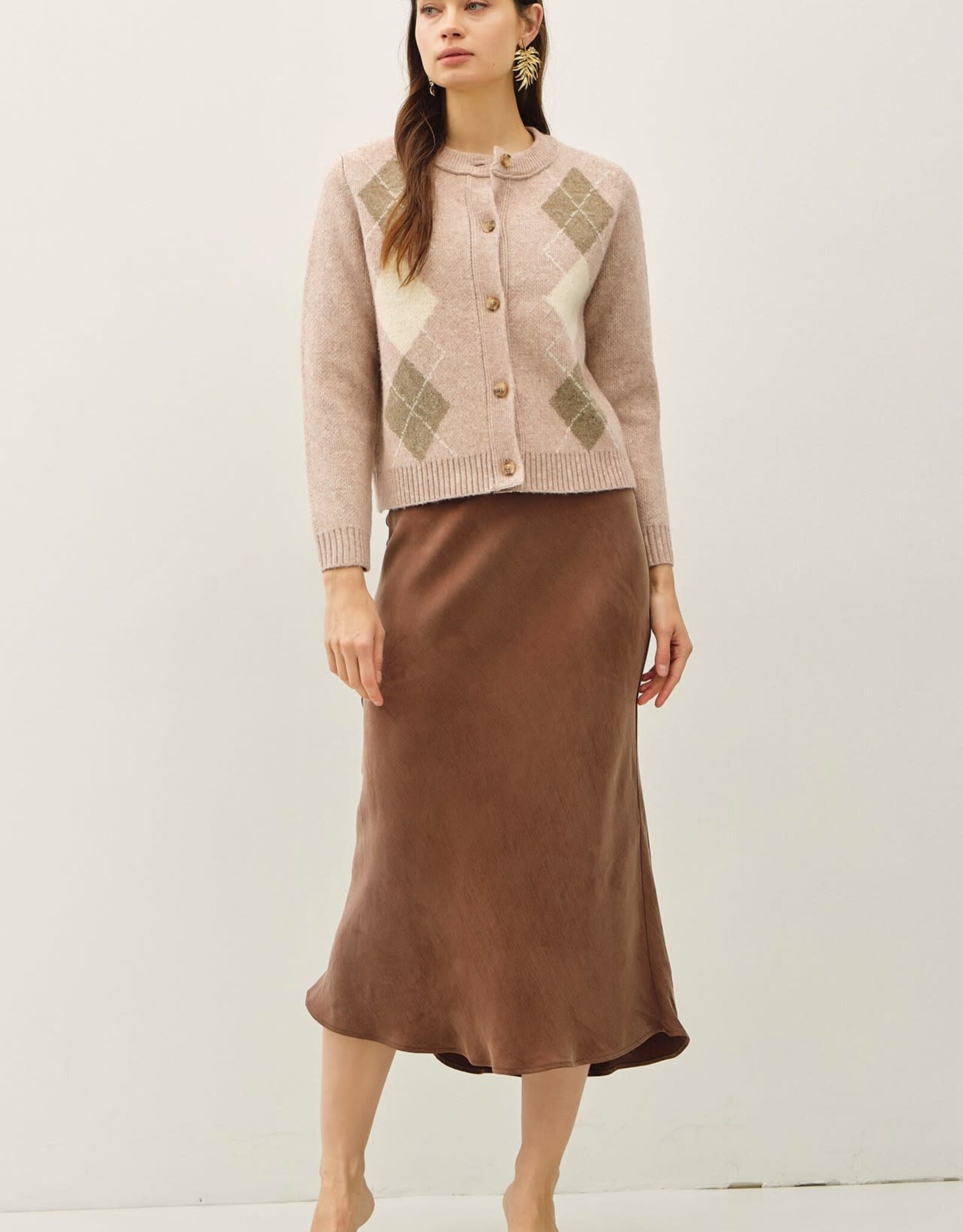 Miss Bliss BC Argyle Jacquard Round Neck Cardigan-Blush