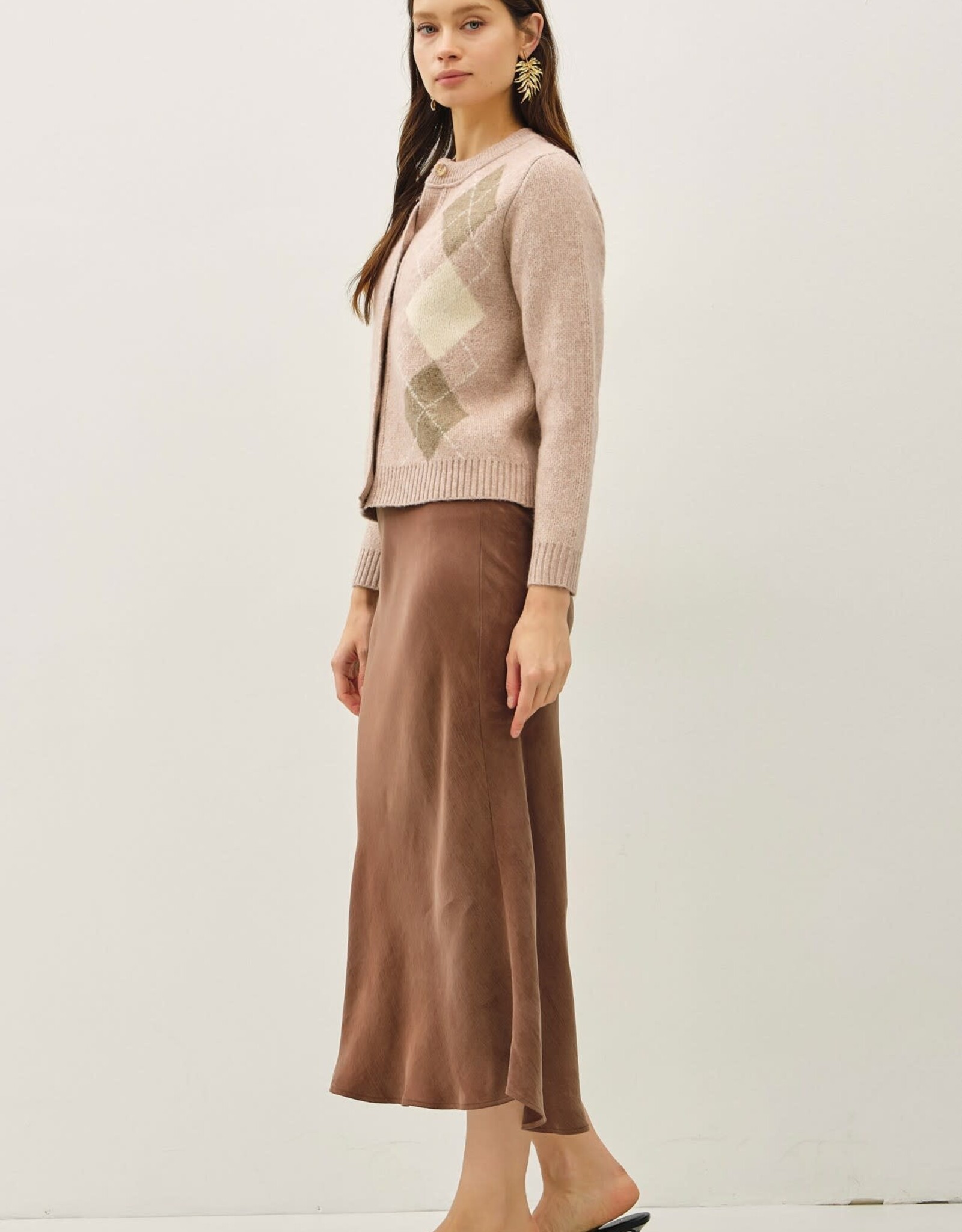 Miss Bliss BC Argyle Jacquard Round Neck Cardigan-Blush